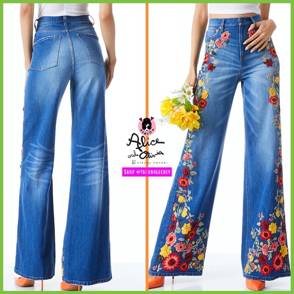 Alice + Olivia Denim - Alice + Olivia Gorgeous Floral Embroidered Wide Leg Jeans